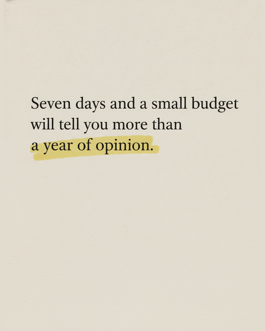Grey paper page reading Seven days and a small budget will tell you more than a year of opinion, with the closing phrase highlighted in mustard yellow