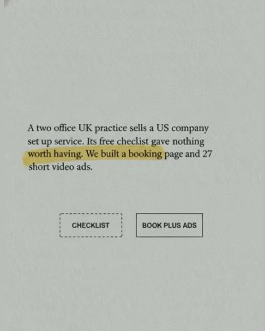 Grey paper page describing a two office UK practice selling a US company set up service, ending with the highlighted phrase 27 short video ads
