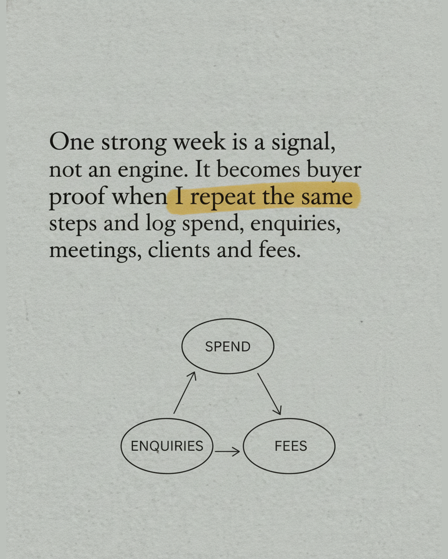 Grey paper page reading One strong week is a signal, not an engine, with the phrase repeat the same highlighted, above a looping ink diagram of ovals labelled SPEND, ENQUIRIES and FEES