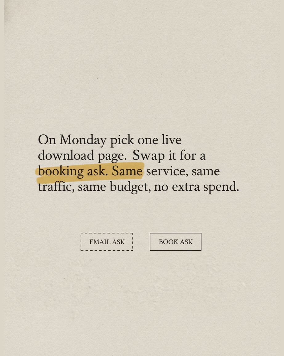 Grey paper page reading On Monday pick one live download page, swap it for a booking ask, same service, same traffic, same budget, no extra spend
