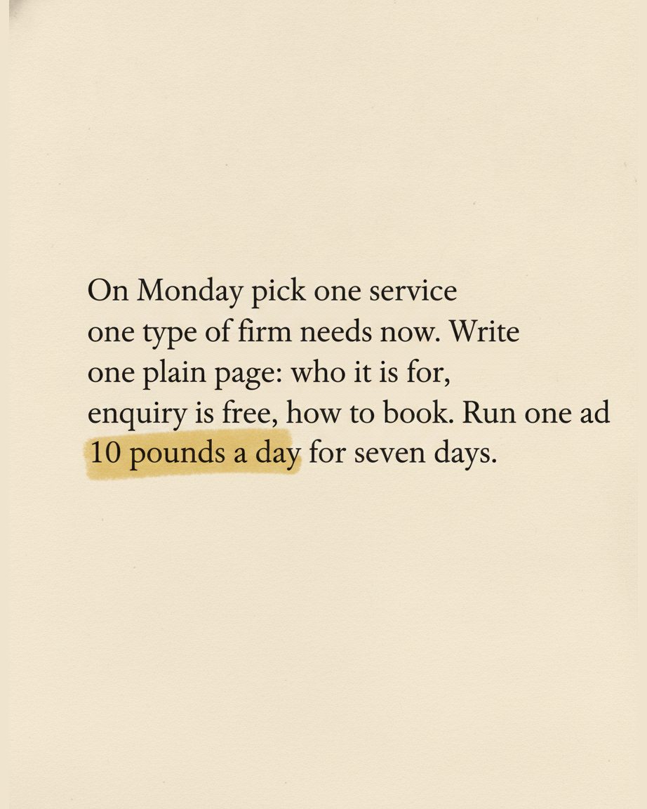 Grey paper page reading On Monday pick one service one type of firm needs now, write one plain page, with the phrase 10 pounds a day for seven days highlighted
