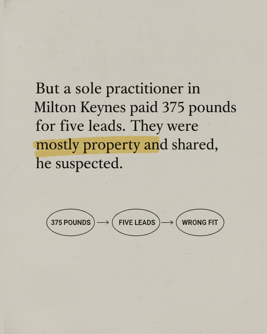 Grey paper page describing a sole practitioner in Milton Keynes paying 375 pounds for five leads, mostly property and shared, with a diagram running from 375 POUNDS to FIVE LEADS to WRONG FIT