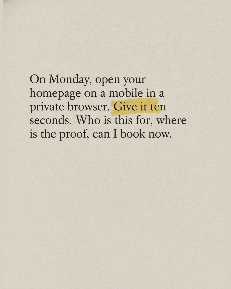 Grey paper page reading On Monday, open your homepage on a mobile in a private browser, give it ten seconds, who is this for, where is the proof, can I book now, with give it ten highlighted in yellow