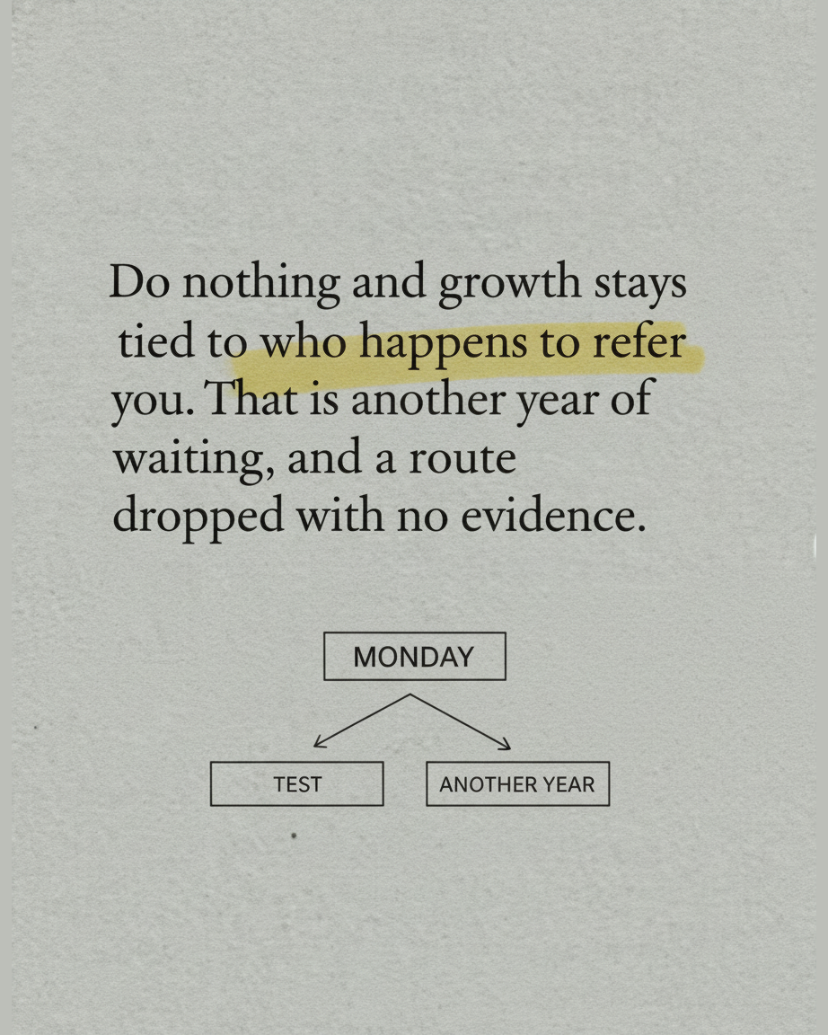 Grey paper page reading Do nothing and growth stays tied to who happens to refer you, with a diagram of a box labelled MONDAY splitting into TEST and ANOTHER YEAR