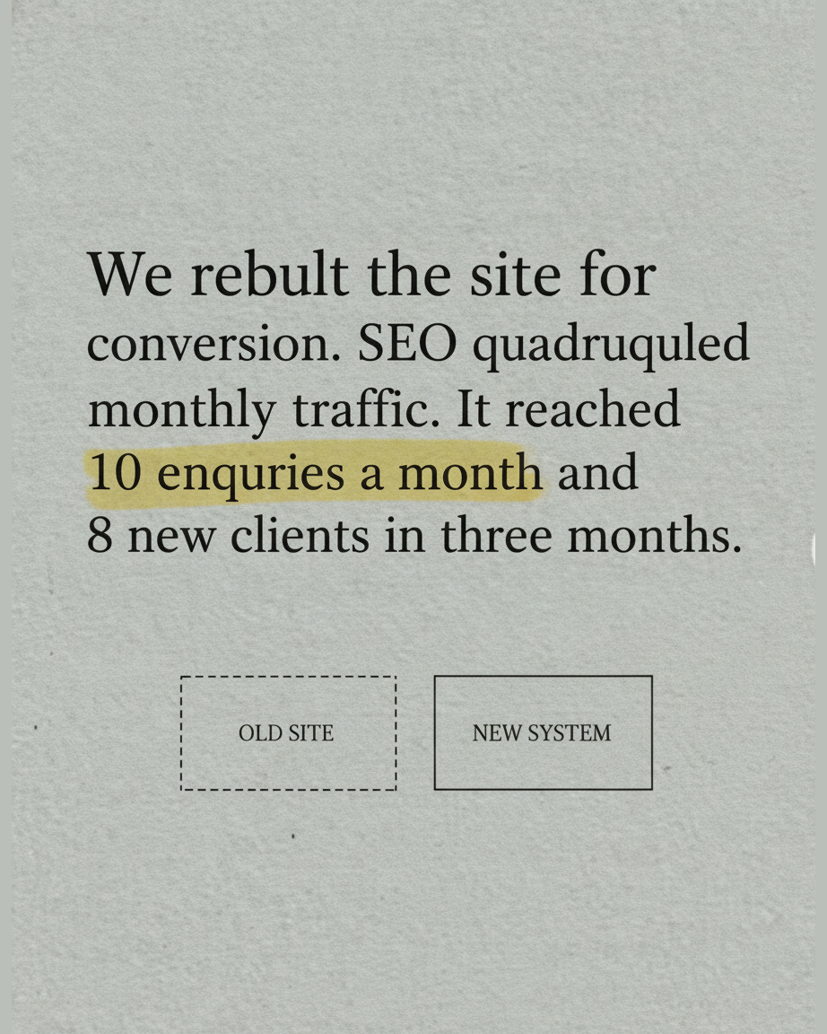 Grey paper page reading We rebuilt the site for conversion, SEO quadrupled monthly traffic, it reached 10 enquiries a month and 8 new clients in three months, with a diagram of a dashed box labelled old site beside a solid box labelled new system
