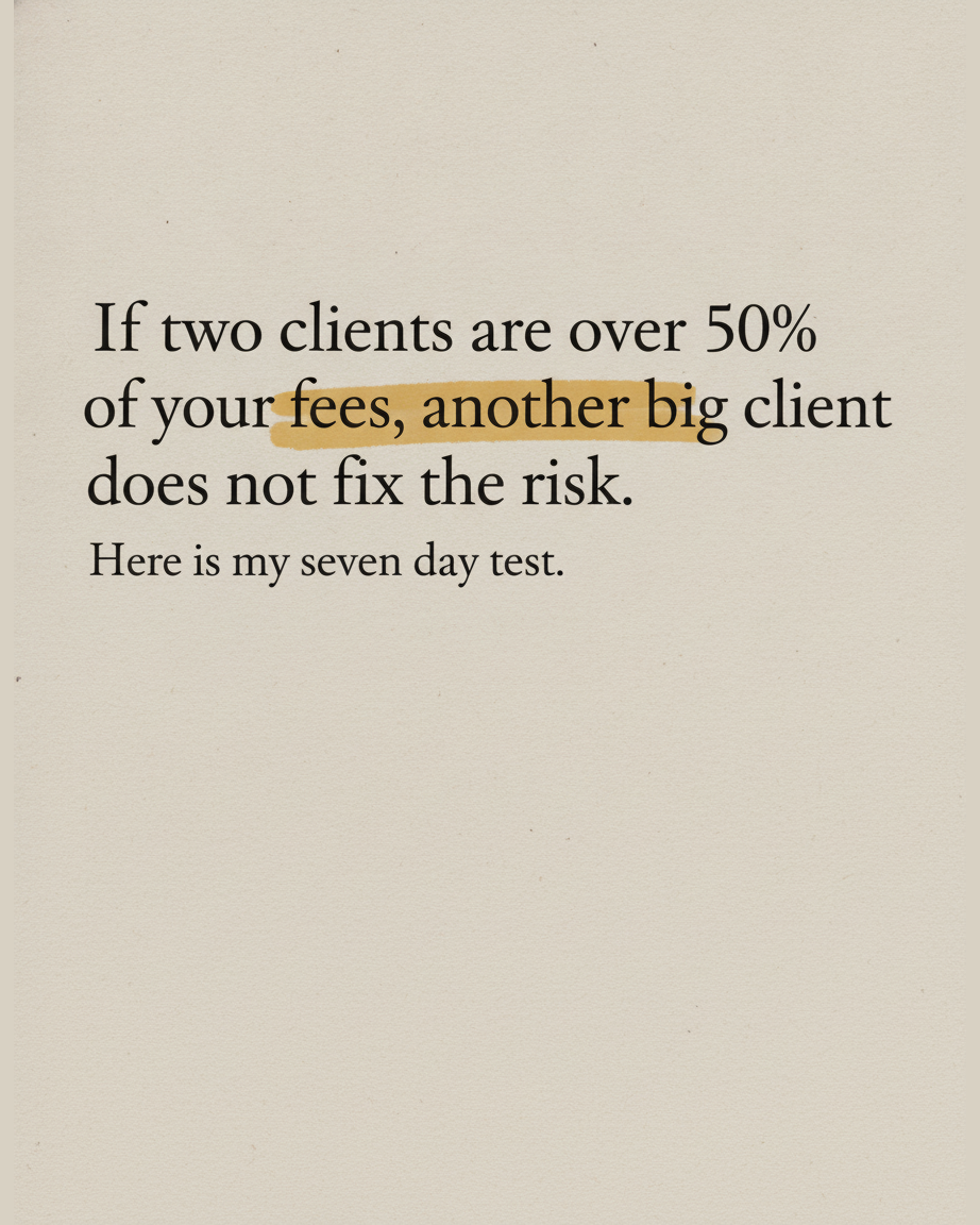 Grey paper page with the words If two clients are over 50% of your fees, another big client does not fix the risk, set in serif type with the phrase another big client highlighted in yellow