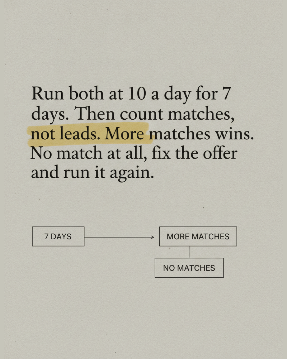 Grey paper page reading Run both for seven days. Then count matches, not leads. More matches wins. No match at all, fix the offer and run it again, with a diagram of one box labelled 7 DAYS splitting into MORE MATCHES and NO MATCHES