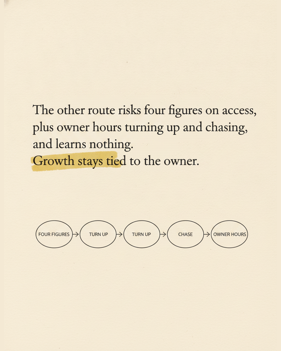 Grey paper page reading The other route risks four figures on access plus owner hours, with the phrase tied to the owner highlighted, above an ink diagram of four ovals reading four figures, turn up, chase, owner hours