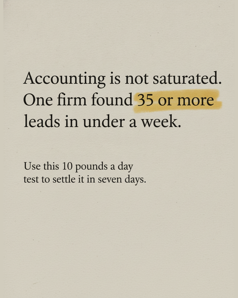 Grey paper page with the words Accounting is not saturated set in serif type, with the phrase 35 or more leads highlighted in mustard yellow