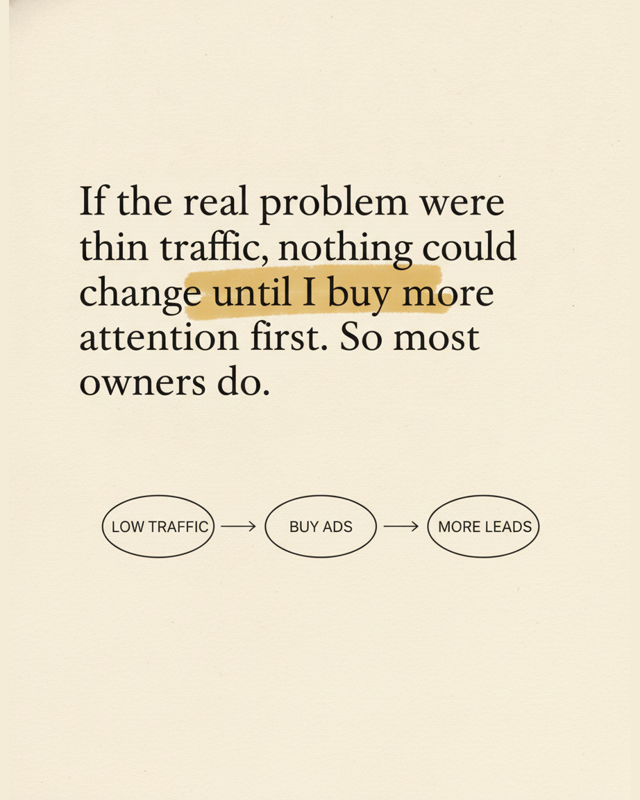 Grey paper page reading If the real problem were thin traffic, nothing could change until I buy more attention first, with buy more attention highlighted in yellow, above a diagram of three ovals labelled low traffic, buy ads, more leads