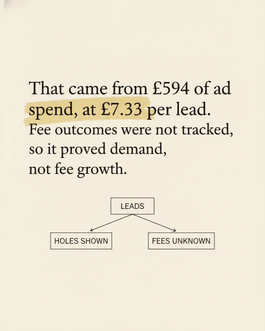 Grey paper page reading That came from £594 of ad spend at £7.33 per lead, fee outcomes were not tracked, so it proved demand not fee growth, with a fork diagram from LEADS to HOLES SHOWN and FEES UNKNOWN