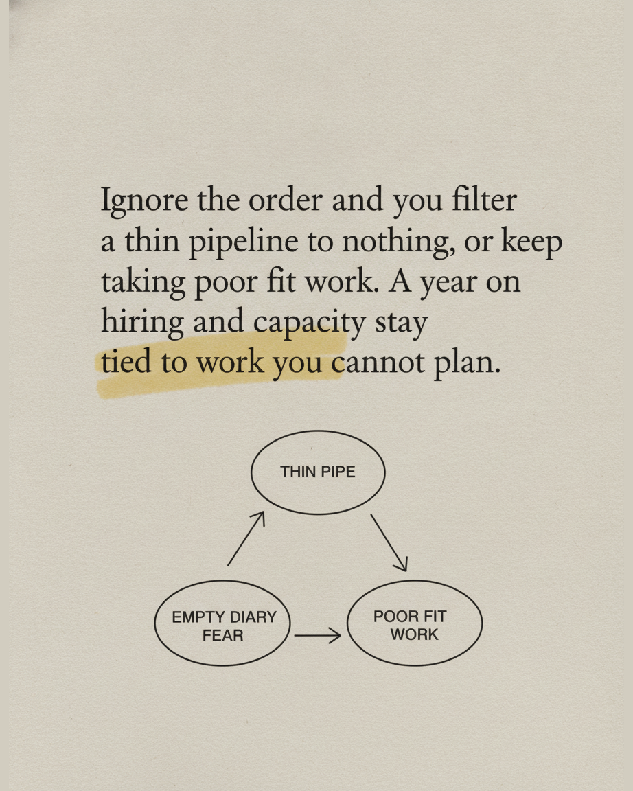 Grey paper page reading Ignore the order and you filter a thin pipeline to nothing, with the phrase tied to work you cannot plan highlighted, above a loop diagram of thin pipe, empty diary fear and poor fit work