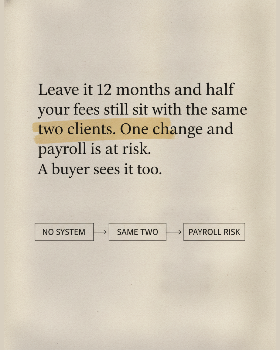 Grey paper page reading Leave it 12 months and half your fees still sit with the same two clients, one change and payroll is at risk, a buyer sees it too, with an ink diagram running from no system to same two to payroll risk