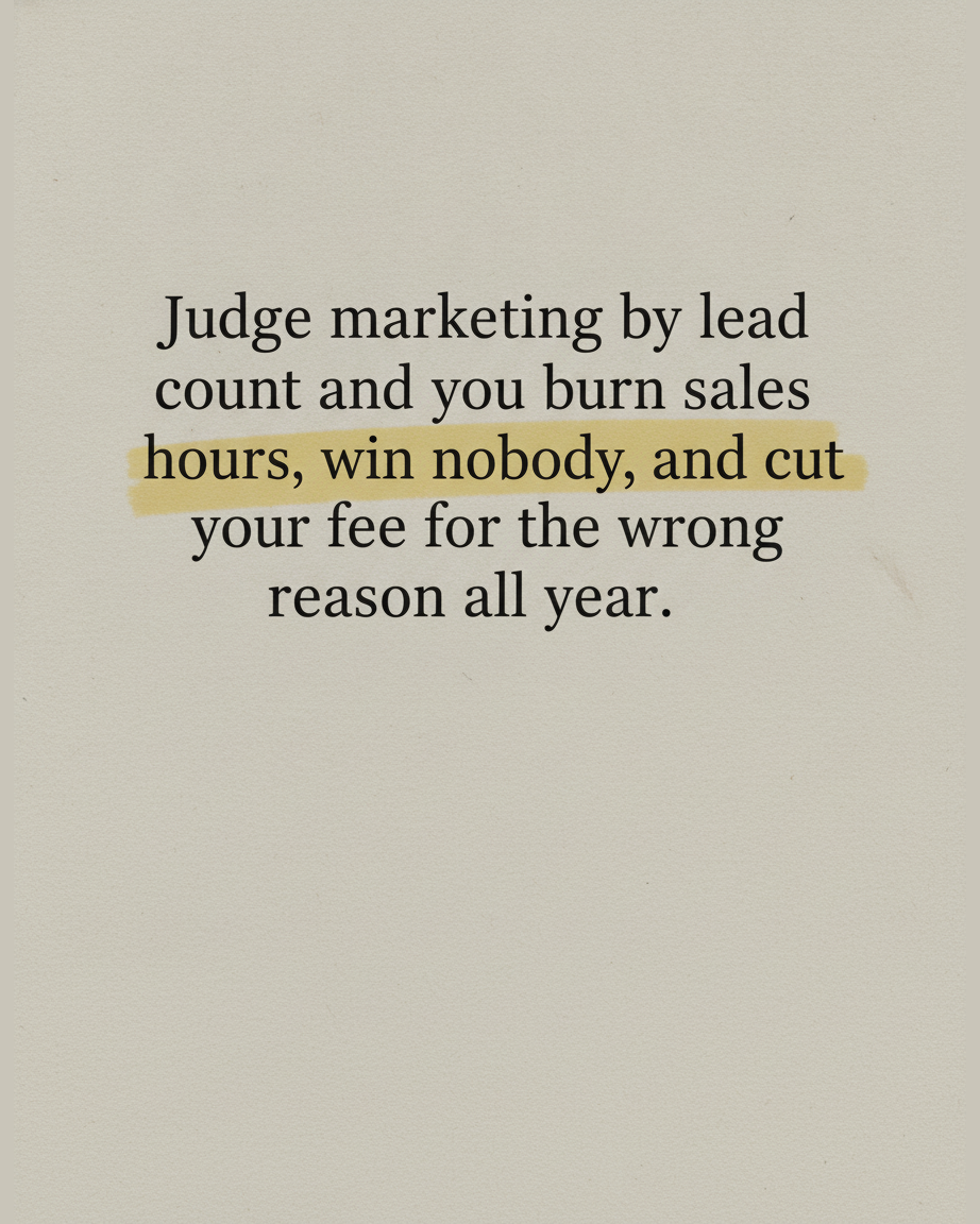Grey paper page reading Judge marketing by lead count and you burn sales hours, win nobody, and cut your fee for the wrong reason all year, with one line highlighted in yellow