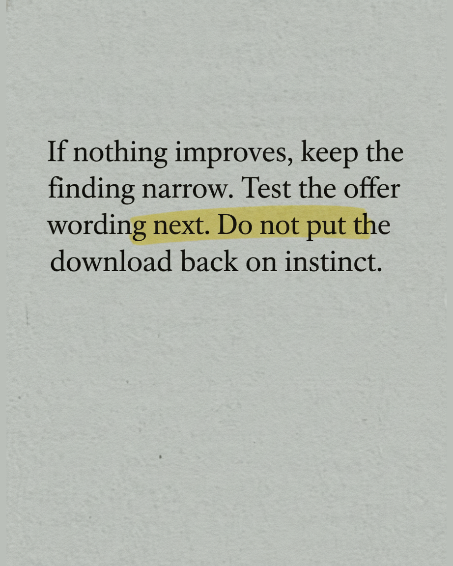 Grey paper page reading If nothing improves keep the finding narrow, test the offer wording next, do not put the download back on instinct