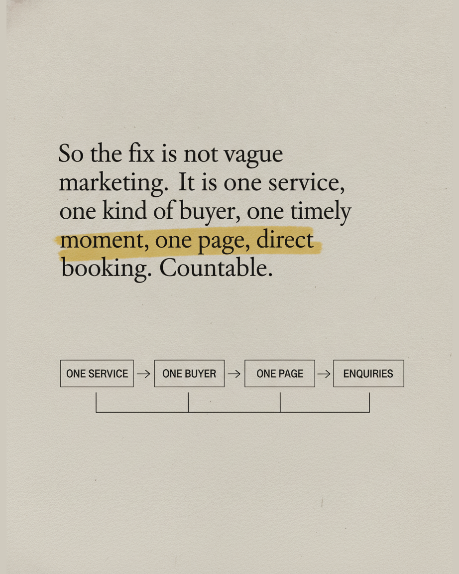 Grey paper page reading So the fix is not vague marketing, with the phrase one page, direct booking highlighted, above an ink diagram of four boxes reading one service, one buyer, one page, enquiries