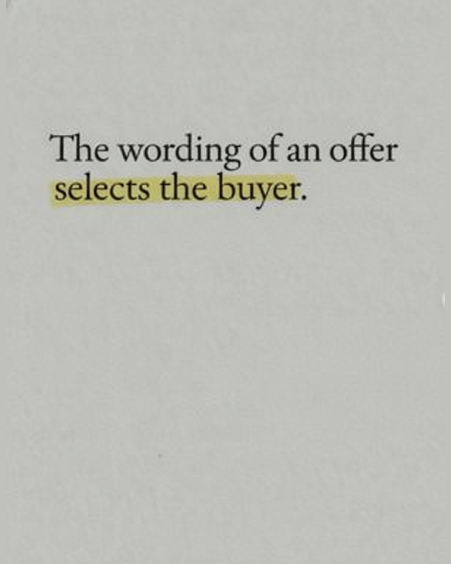 Grey paper page with the words The wording of an offer selects the buyer set in serif type, with the closing phrase highlighted in yellow
