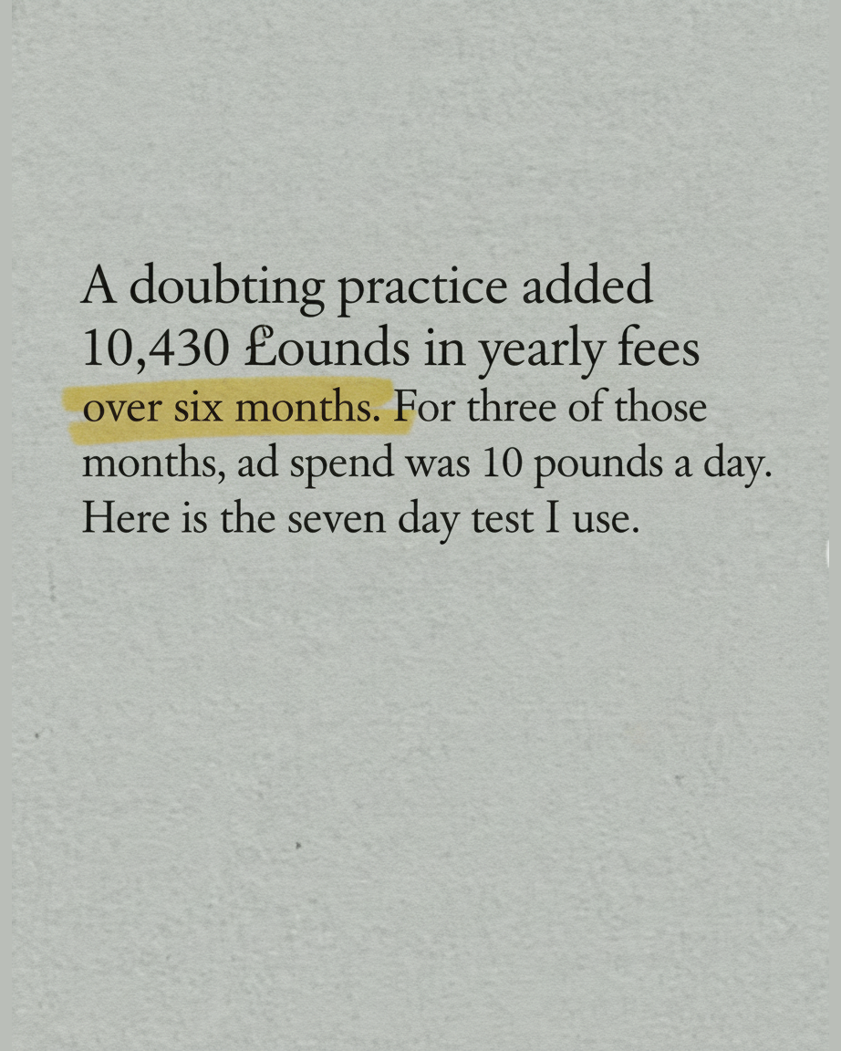 Grey paper page with the words A doubting practice added 10,430 pounds in yearly fees over six months set in serif type, with the fee figure highlighted in yellow
