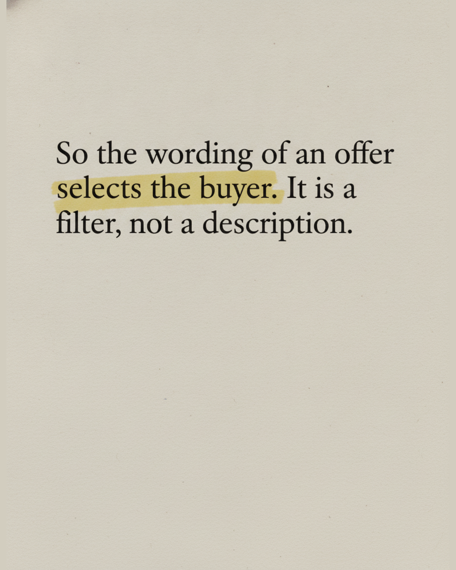 Grey paper page in serif type reading that the wording of an offer selects the buyer, with the phrase selects the buyer highlighted in yellow