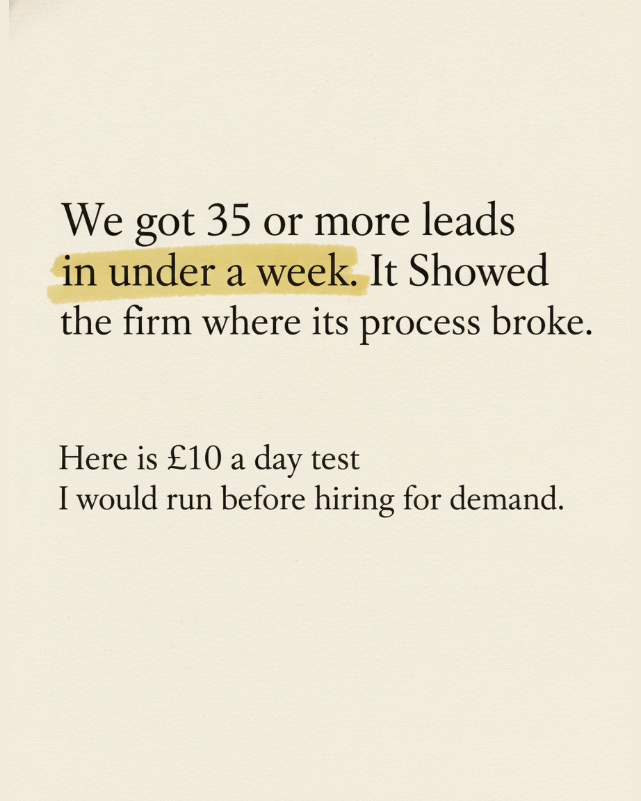 Grey paper page with the words We got 35 or more leads in under a week set in serif type, with the phrase 35 or more leads highlighted in yellow