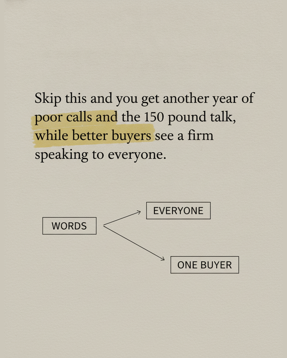 Grey paper page in serif type warning of another year of poor calls, with a fork diagram splitting words into everyone and one buyer