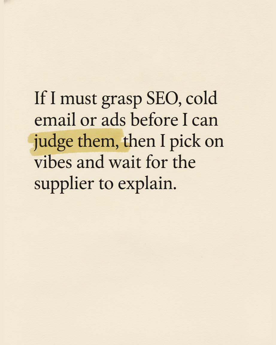 Grey paper page with the words If I must grasp SEO, cold email or ads before I can judge them, then I pick on vibes set in serif type, with part of the line highlighted in yellow