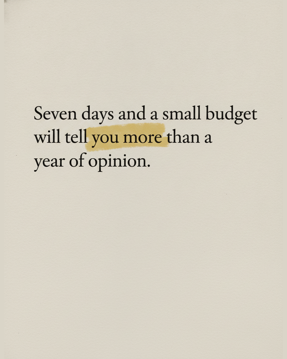Grey paper page in serif type reading Seven days and a small budget will tell you more than a year of opinion, with part of the line highlighted in mustard yellow