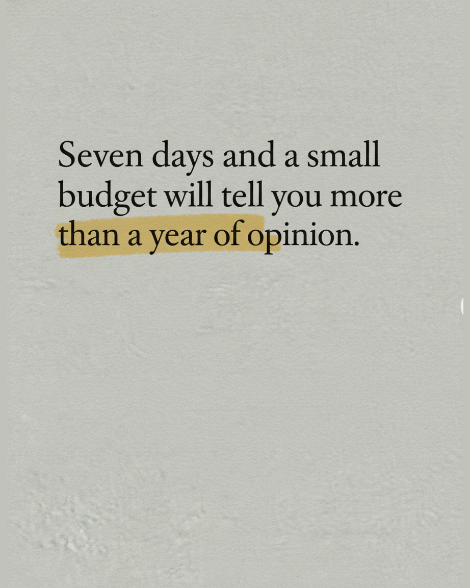 Grey paper page reading Seven days and a small budget will tell you more, with the phrase than a year of opinion highlighted in yellow