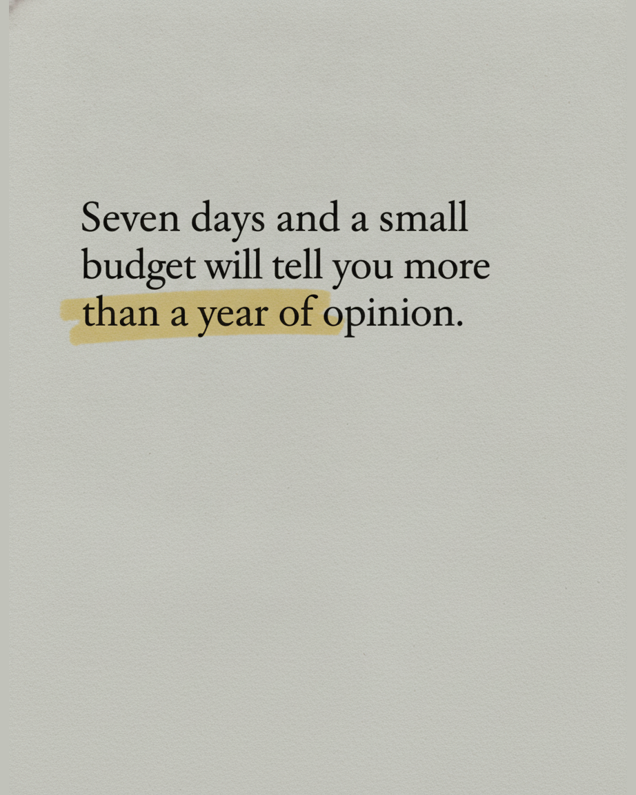 Grey paper page with the words Seven days and a small budget will tell you more than a year of opinion set in serif type, with the closing phrase highlighted in yellow