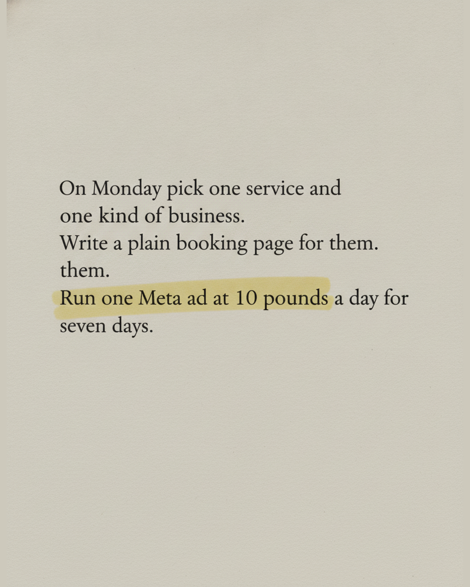 Grey paper page in serif type describing the Monday task of picking one service and running one Meta ad for seven days