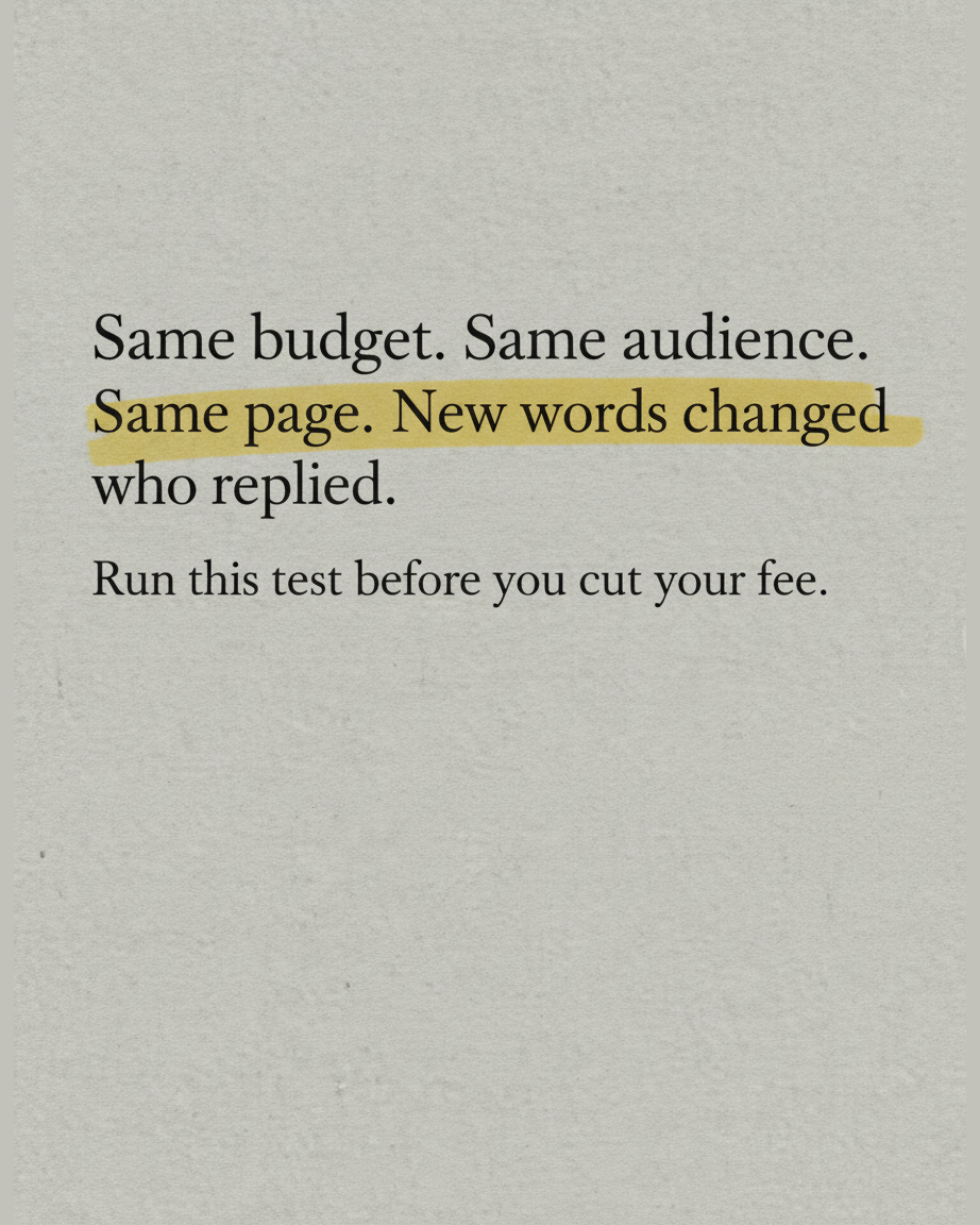 Grey paper page with the words Same budget. Same audience. Same page. New words changed who replied, set in serif type with the phrase New words changed highlighted in yellow