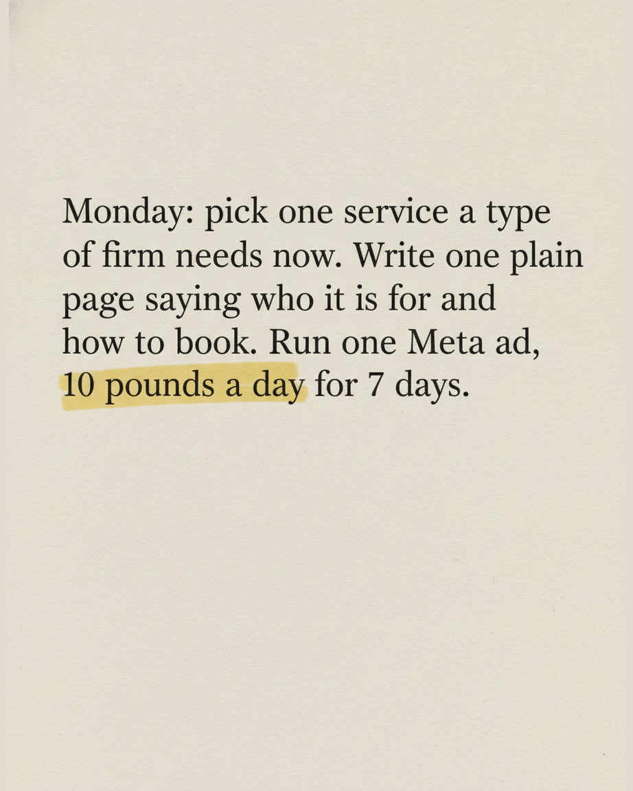 Grey paper page setting out a Monday task to pick one service and write one plain page, with the phrase 10 pounds a day for 7 days highlighted