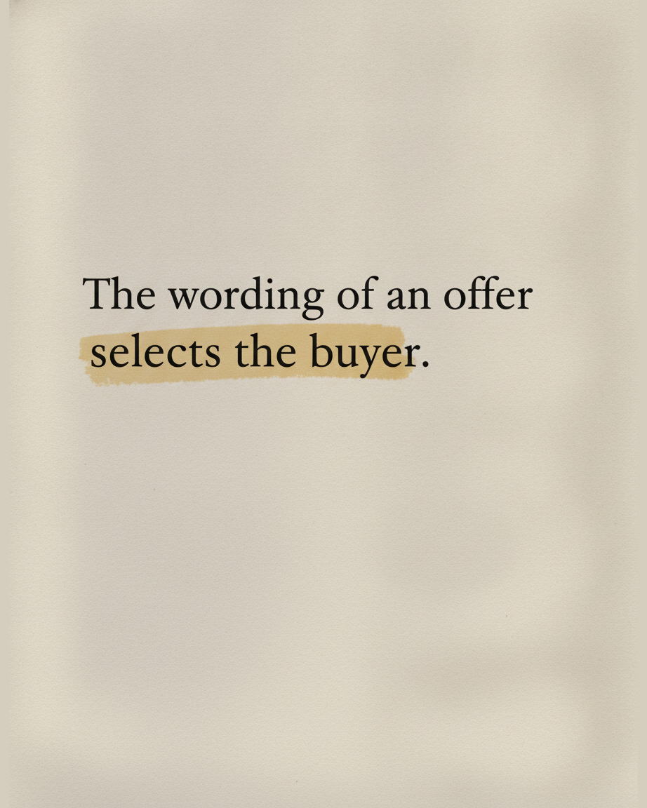 Grey paper page with the line The wording of an offer selects the buyer set in serif type, with the phrase selects the buyer highlighted in yellow