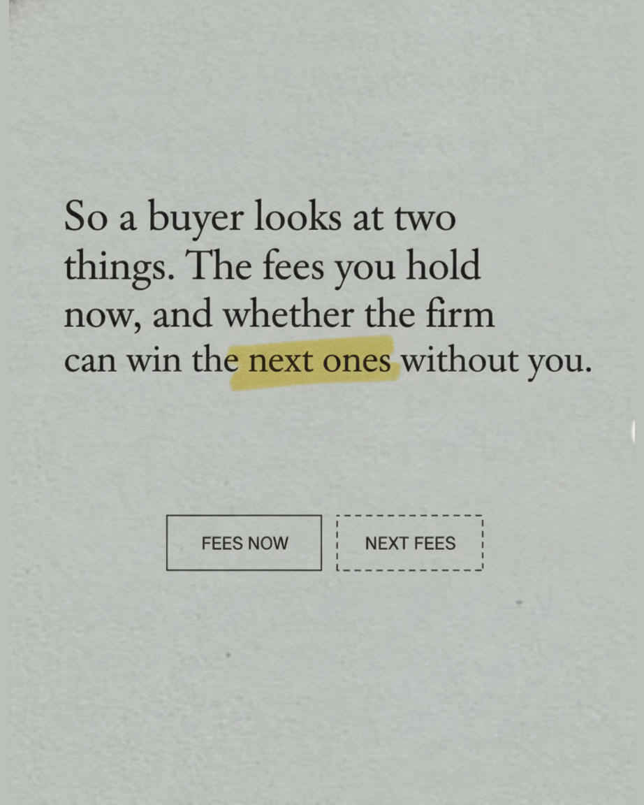 Grey paper page reading So a buyer looks at two things, the fees you hold now, and whether the firm can win the next ones without you, with the phrase the next ones highlighted, above a diagram of a solid box labelled FEES NOW and a dashed box labelled NEXT FEES