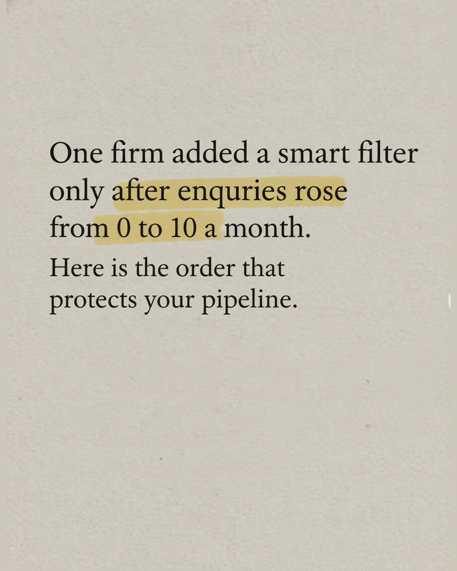 Grey paper page with the words One firm added a smart filter only after enquiries rose from 0 to 10 a month set in serif type, with the phrase 0 to 10 a month highlighted in yellow