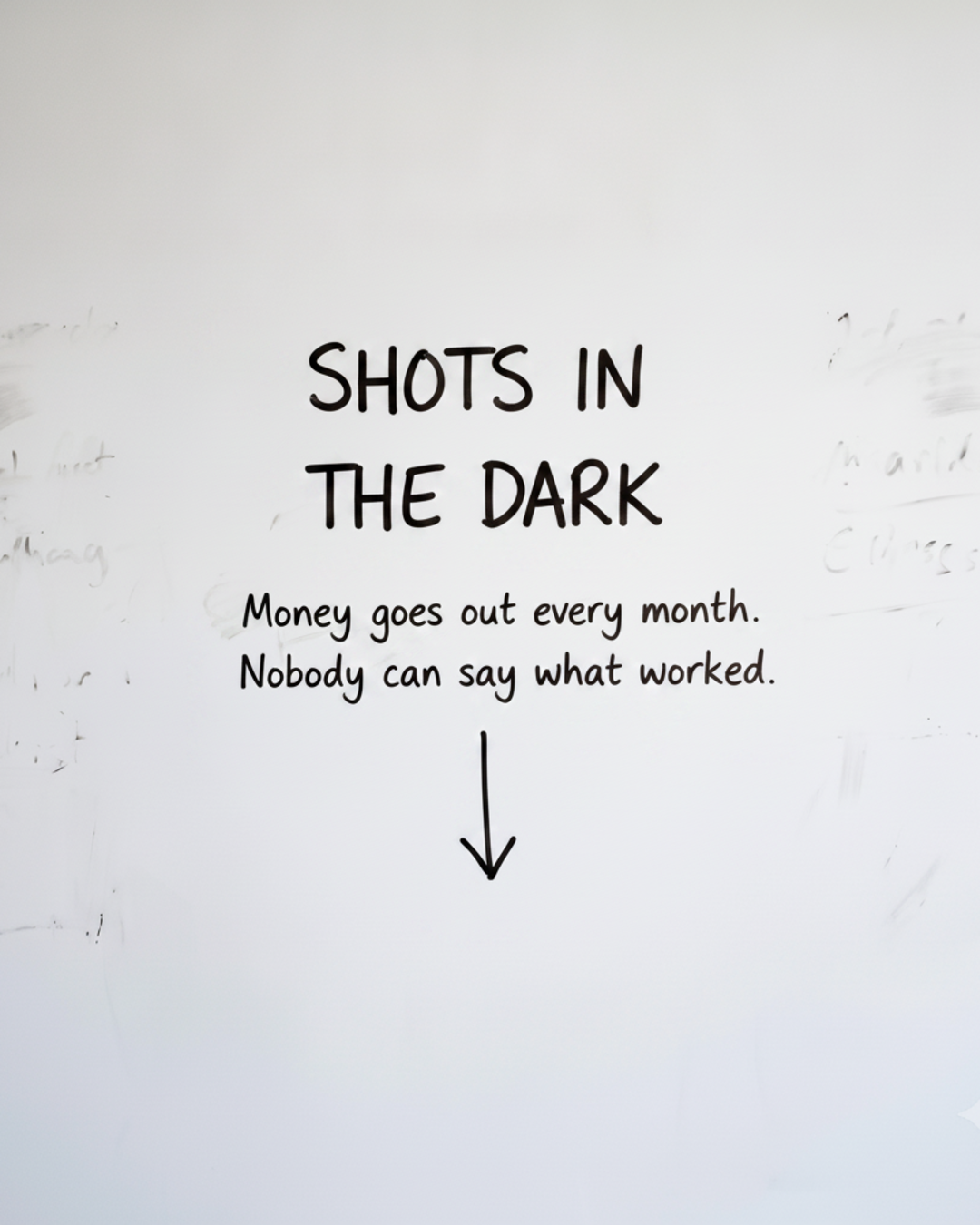 Whiteboard with the words Shots in the dark written in black marker above a downward arrow
