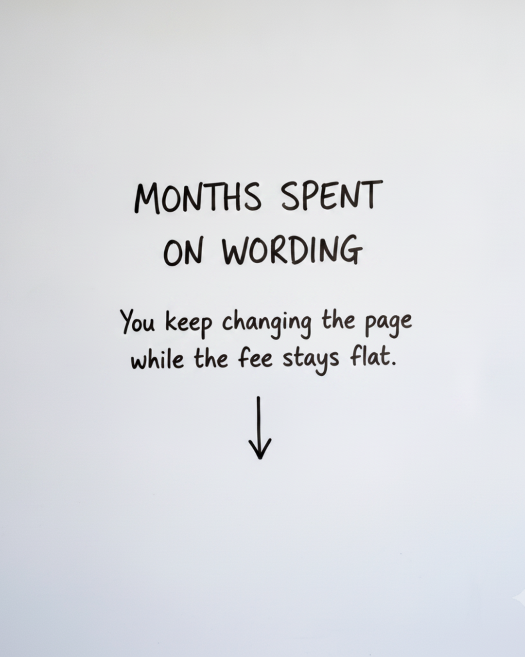 Whiteboard with the words MONTHS SPENT ON WORDING written in black marker above a short downward arrow