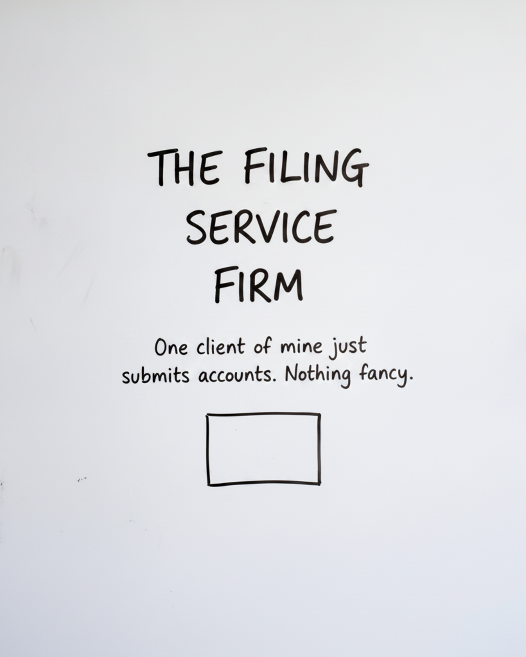 Whiteboard with the words The filing service firm written in black marker above one simple empty box