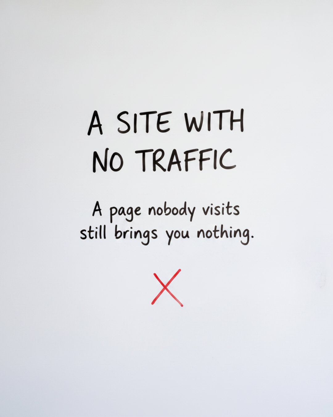 Whiteboard with the words A SITE WITH NO TRAFFIC in black marker above a red cross mark