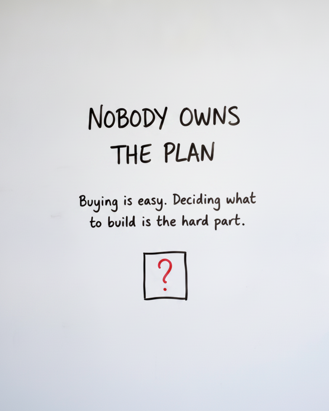 Whiteboard with the words Nobody owns the plan written in black marker above a box containing a red question mark