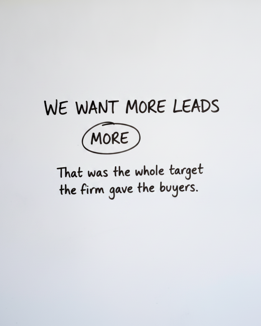 Whiteboard with the words We want more leads written in black marker with a circle drawn around the word More