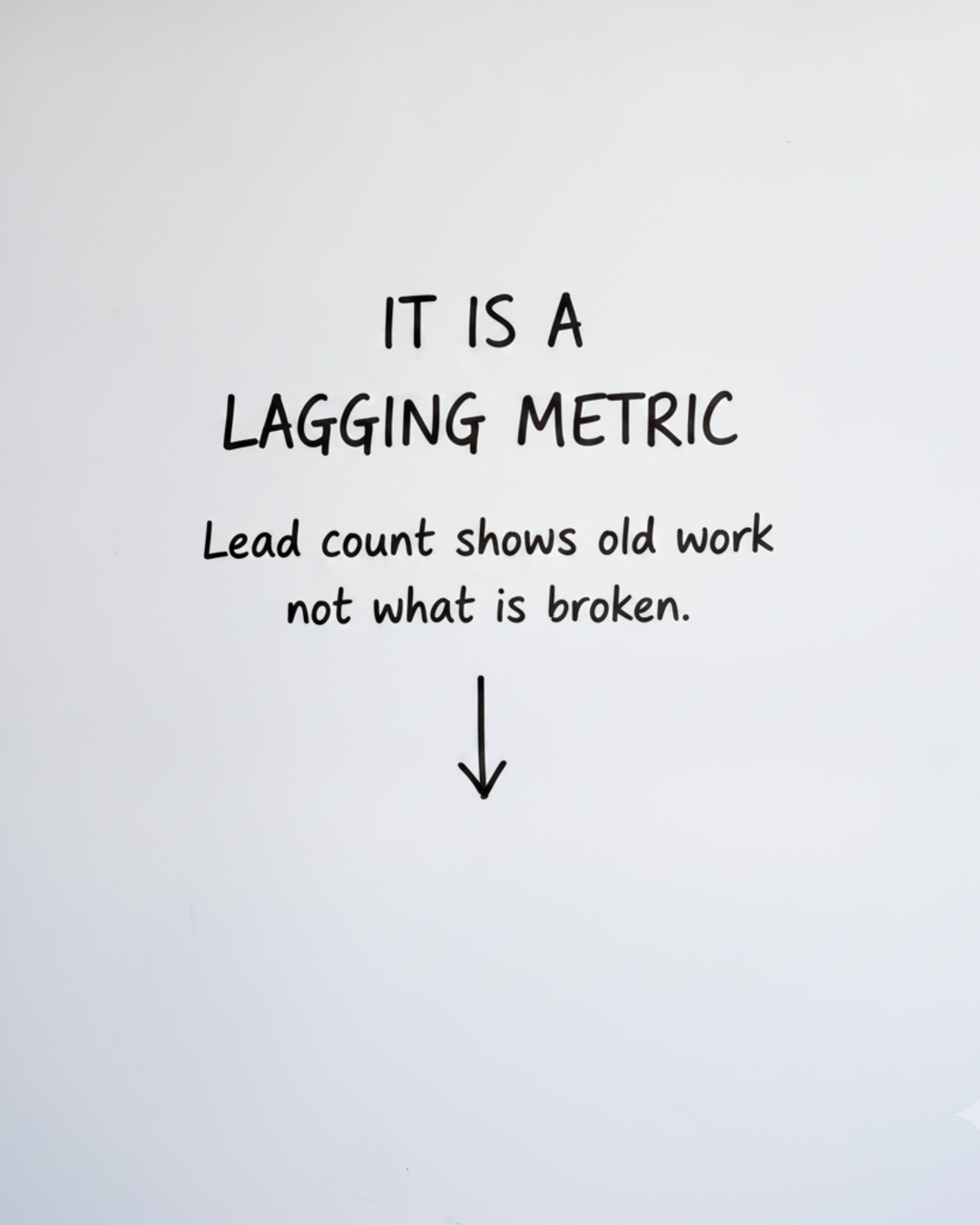 Whiteboard with the words IT IS A LAGGING METRIC written in black marker above a downward arrow