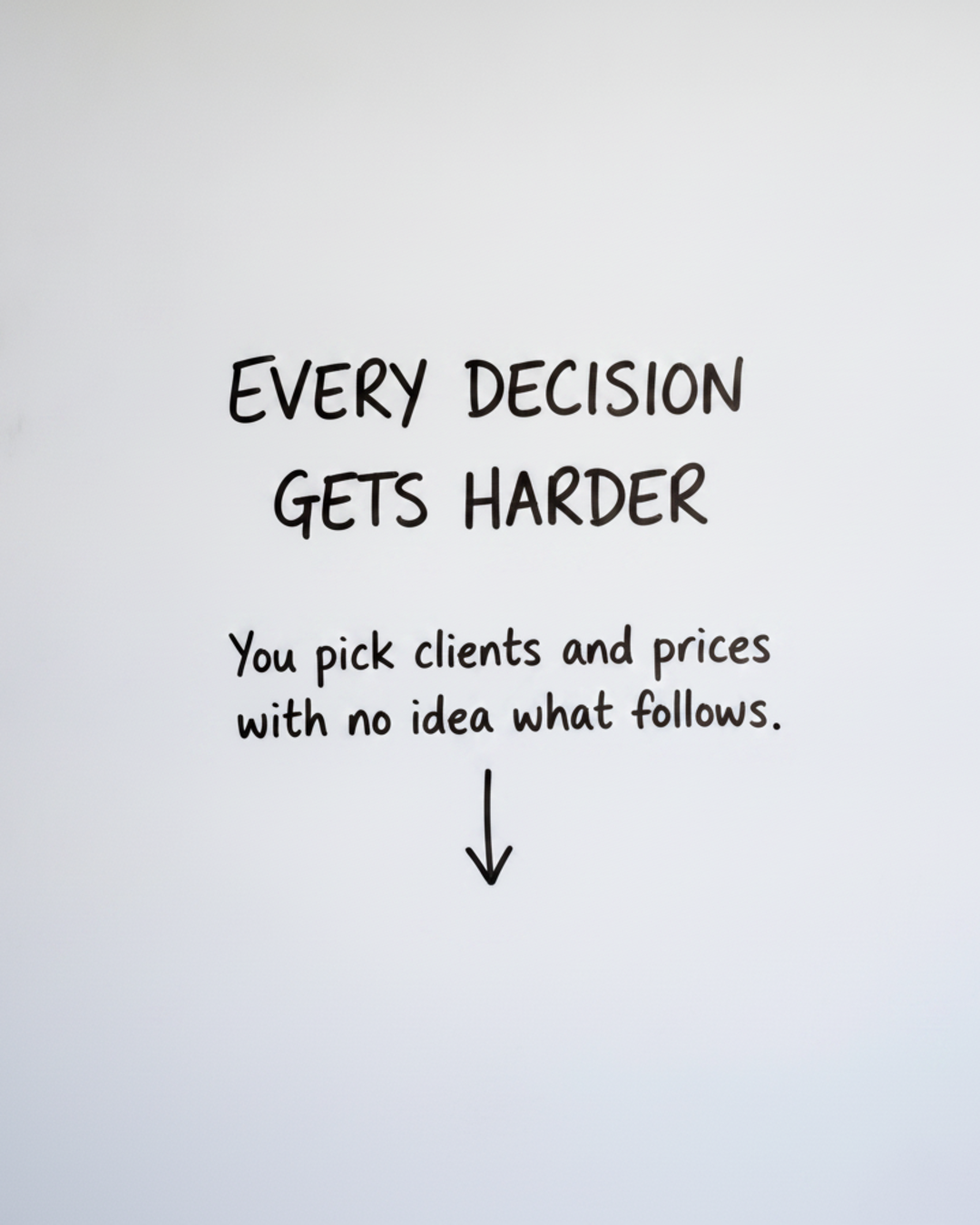 Whiteboard with the words Every decision gets harder written in black marker above a downward arrow