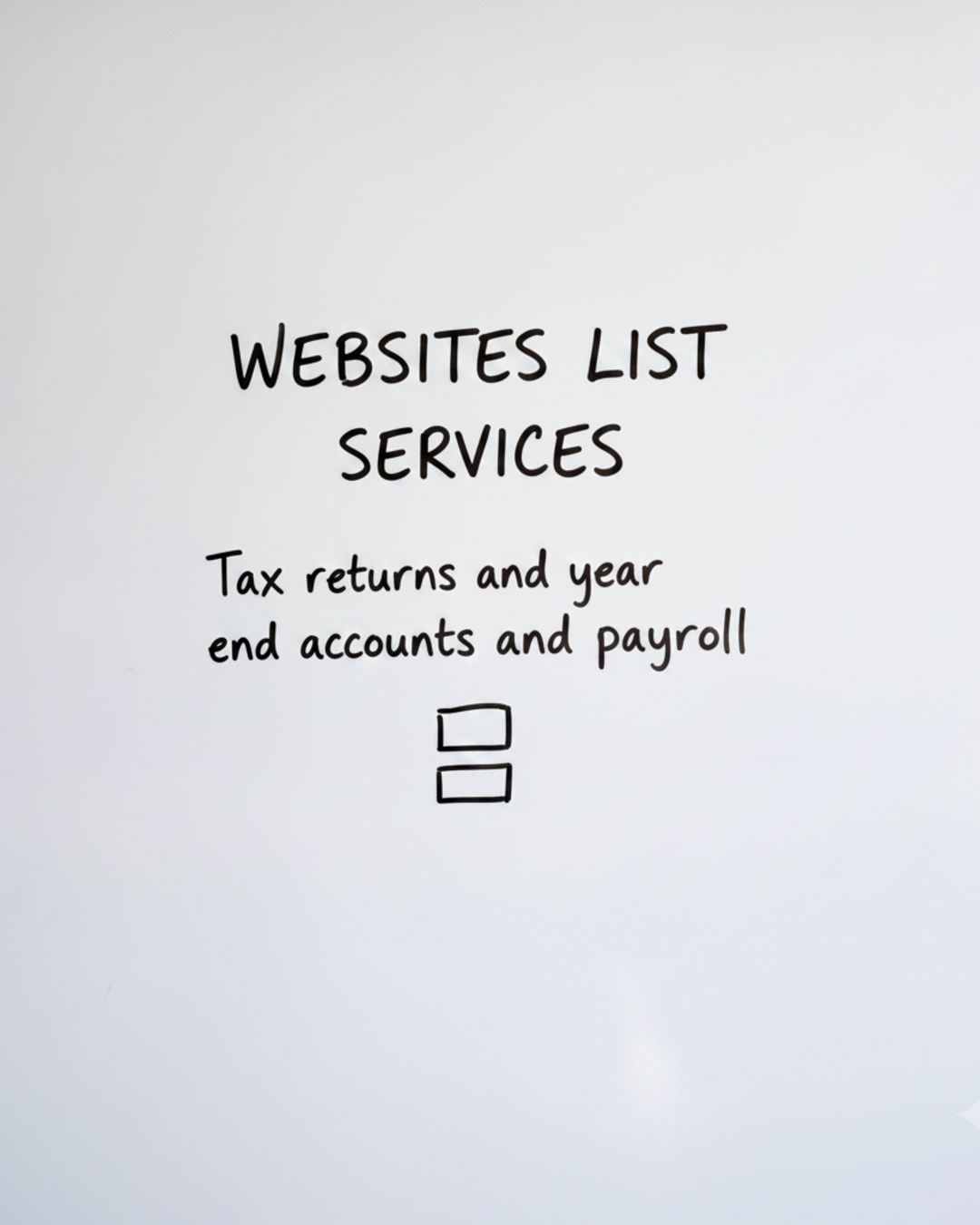 Whiteboard with the words Websites list services written in black marker above two small stacked empty boxes