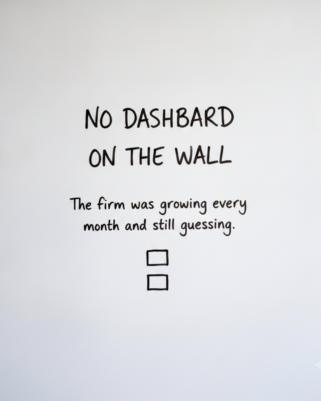 Whiteboard with the words No dashboard on the wall written in black marker above two empty stacked boxes