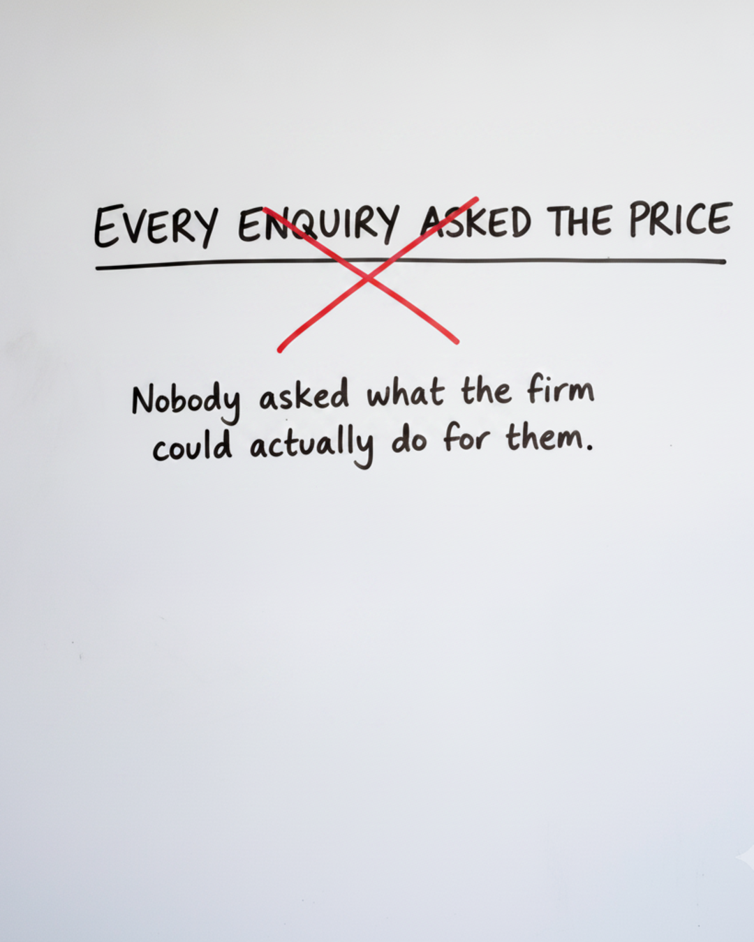 Whiteboard with the words Every enquiry asked the price, struck through with a red cross