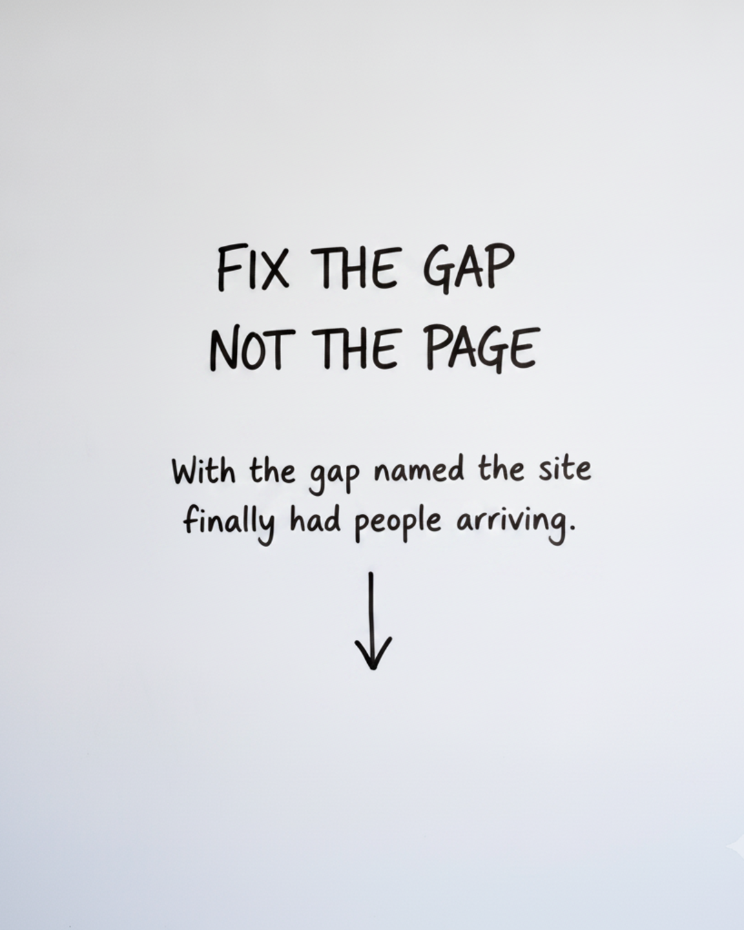 Whiteboard with the words FIX THE GAP NOT THE PAGE in black marker above a short downward arrow