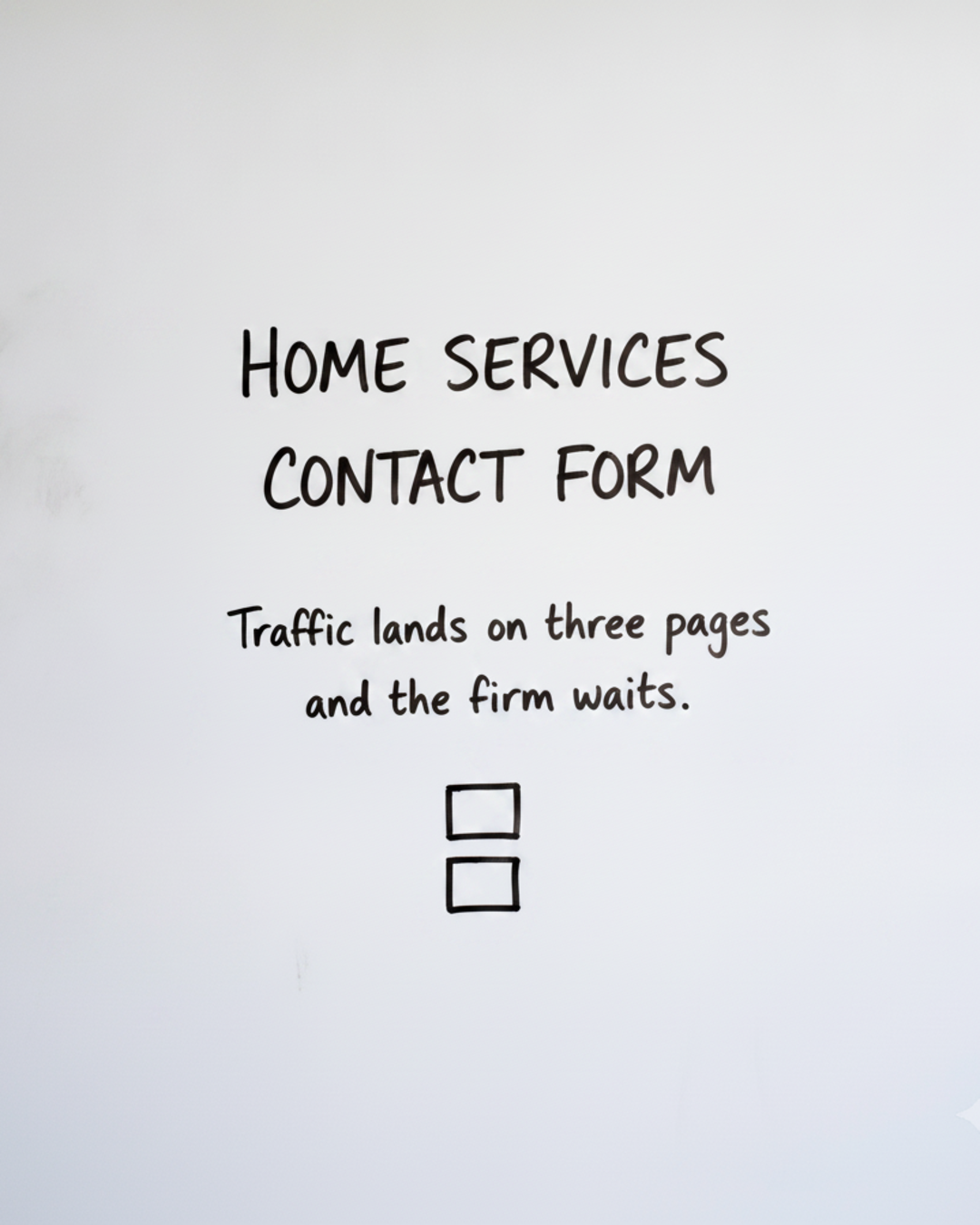 Whiteboard with the words Home services contact form written in black marker above two small empty boxes