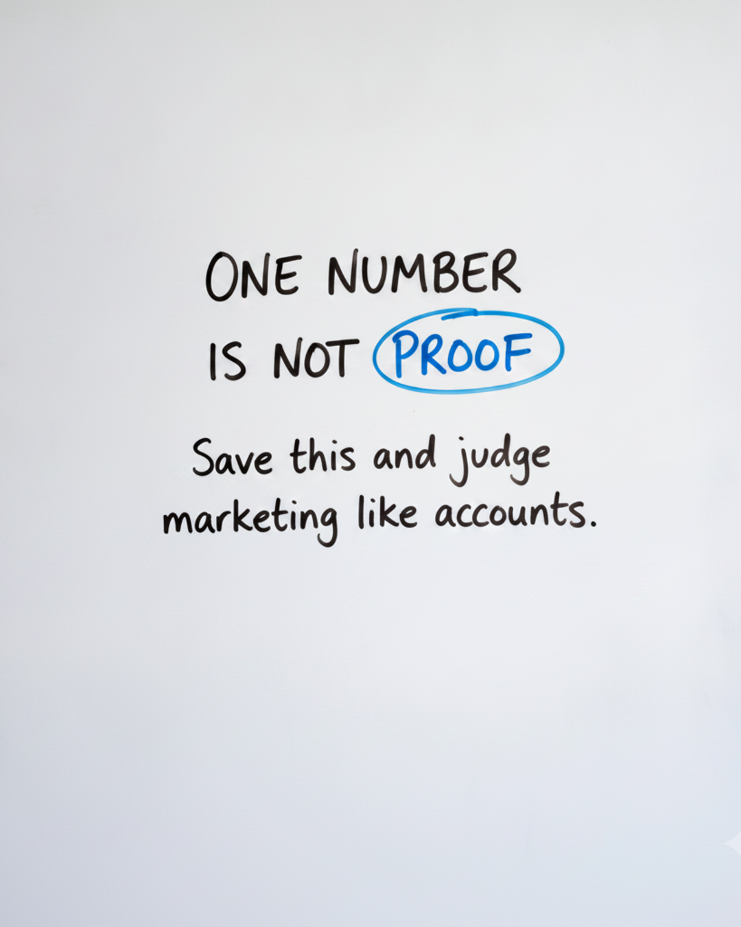 Whiteboard with the words One number is not proof written in black marker, with a blue circle drawn around the word proof