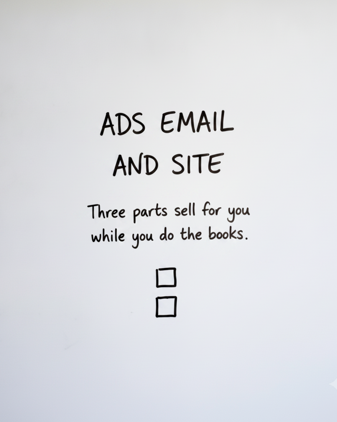 Whiteboard with the words ADS EMAIL AND SITE in black marker above two hand drawn boxes stacked vertically